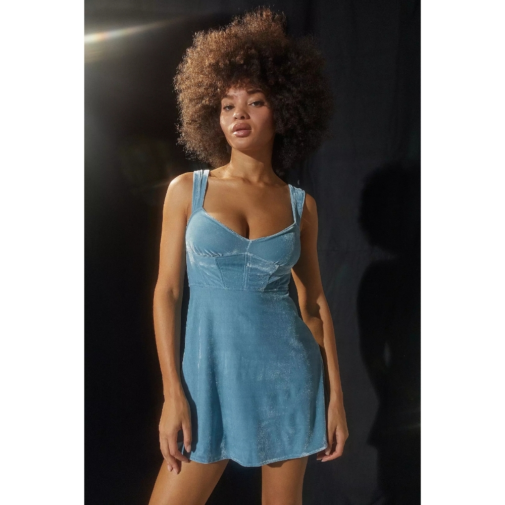 NWT Urban Outfitters Genevieve Velvet Blue Mini Dress